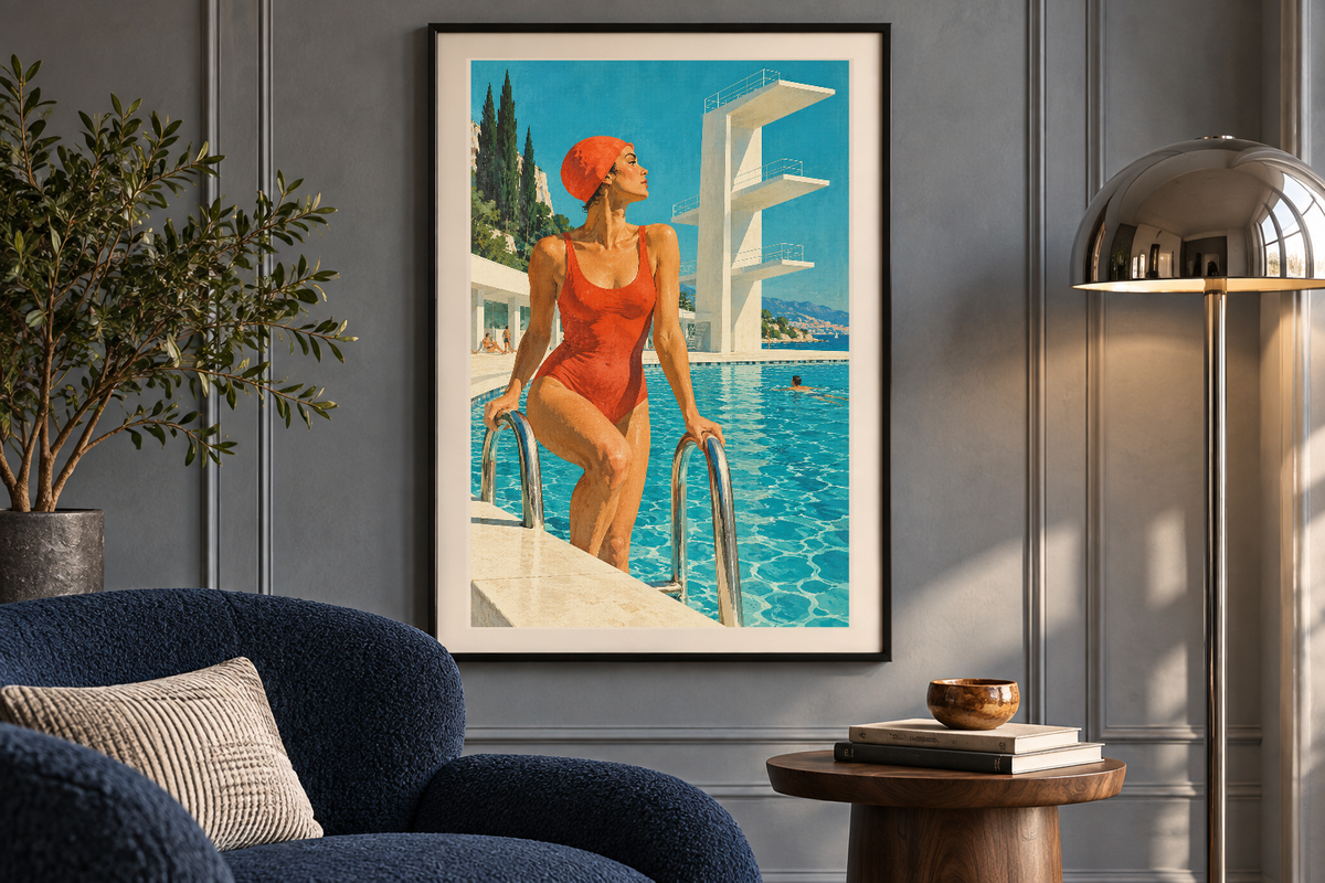 Morning at the Lido artwork shown in a styled frame setting. Physical art print; frame and accessories not included.