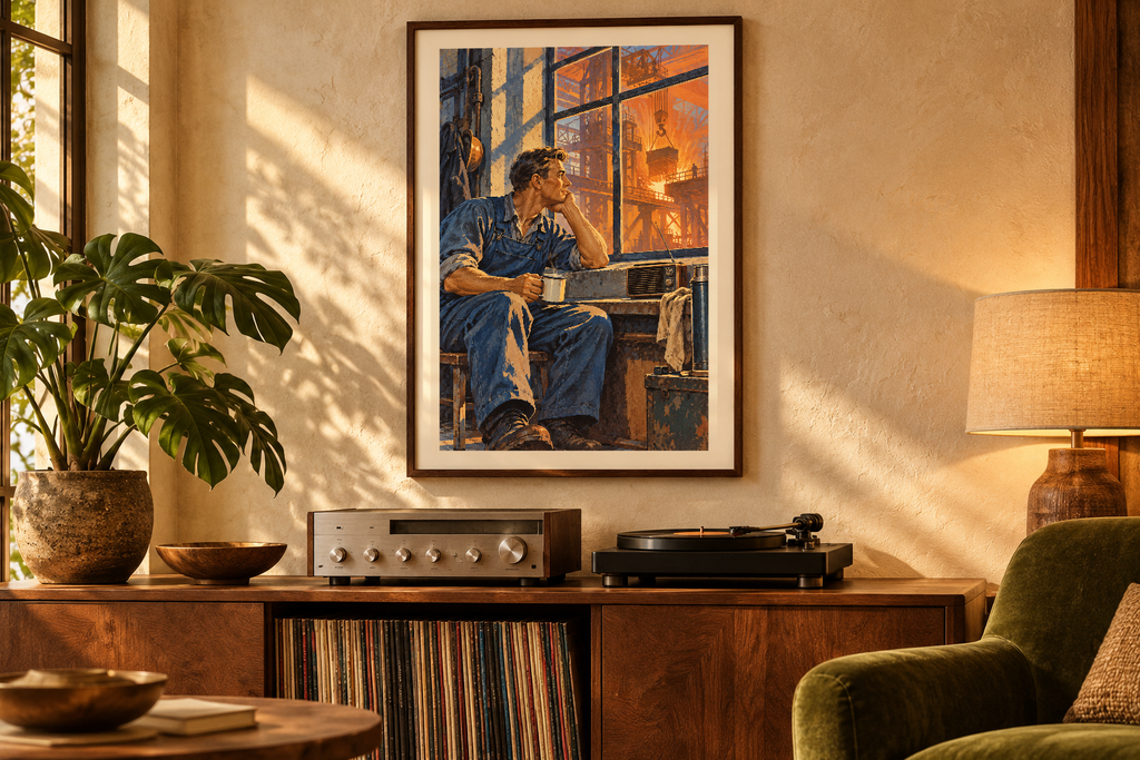 Night Shift Sound artwork shown in a styled frame setting. Physical art print; frame and accessories not included.