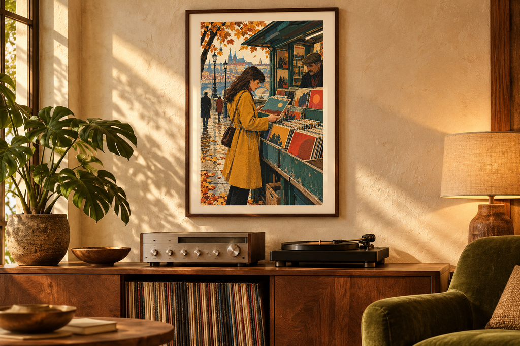 The Record Kiosk artwork shown in a styled frame setting. Physical art print; frame and accessories not included.
