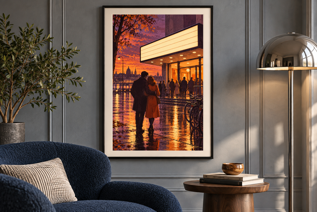 Sunday Cinema artwork shown in a styled frame setting. Physical art print; frame and accessories not included.