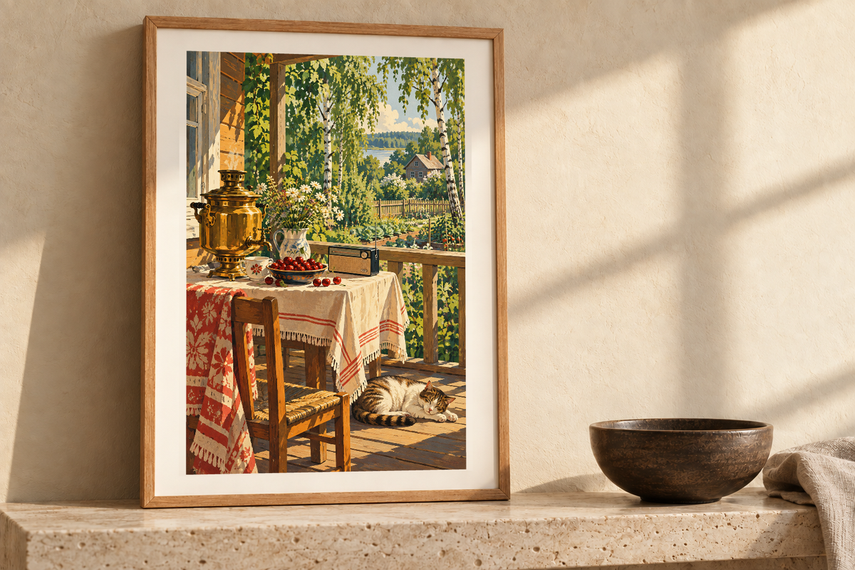 Summer Dacha artwork shown in a styled frame setting. Physical art print; frame and accessories not included.