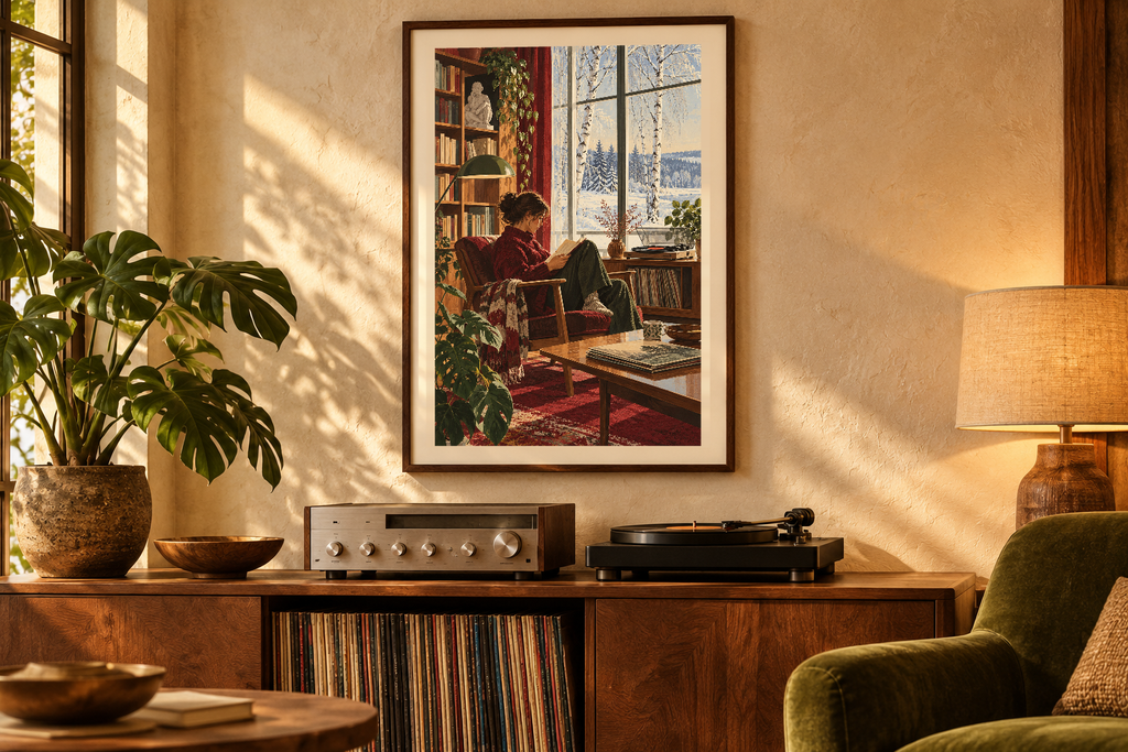 Winter Reading Room artwork shown in a styled frame setting. Physical art print; frame and accessories not included.