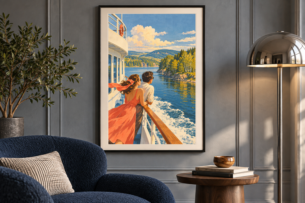 River Ferry artwork shown in a styled frame setting. Physical art print; frame and accessories not included.