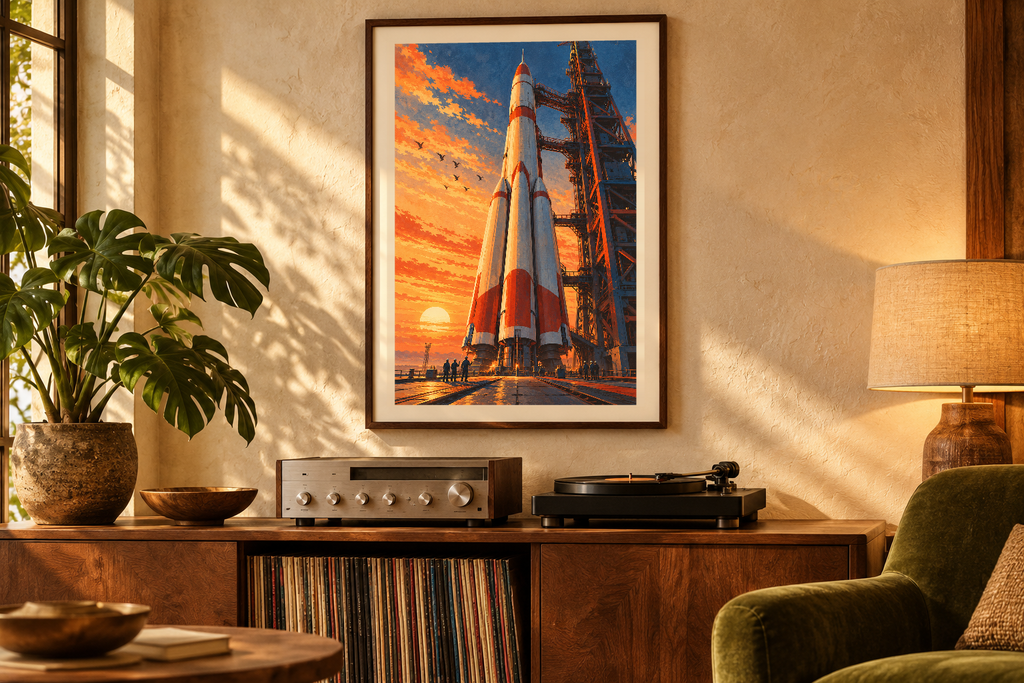 Rocket at Dawn artwork shown in a styled frame setting. Physical art print; frame and accessories not included.