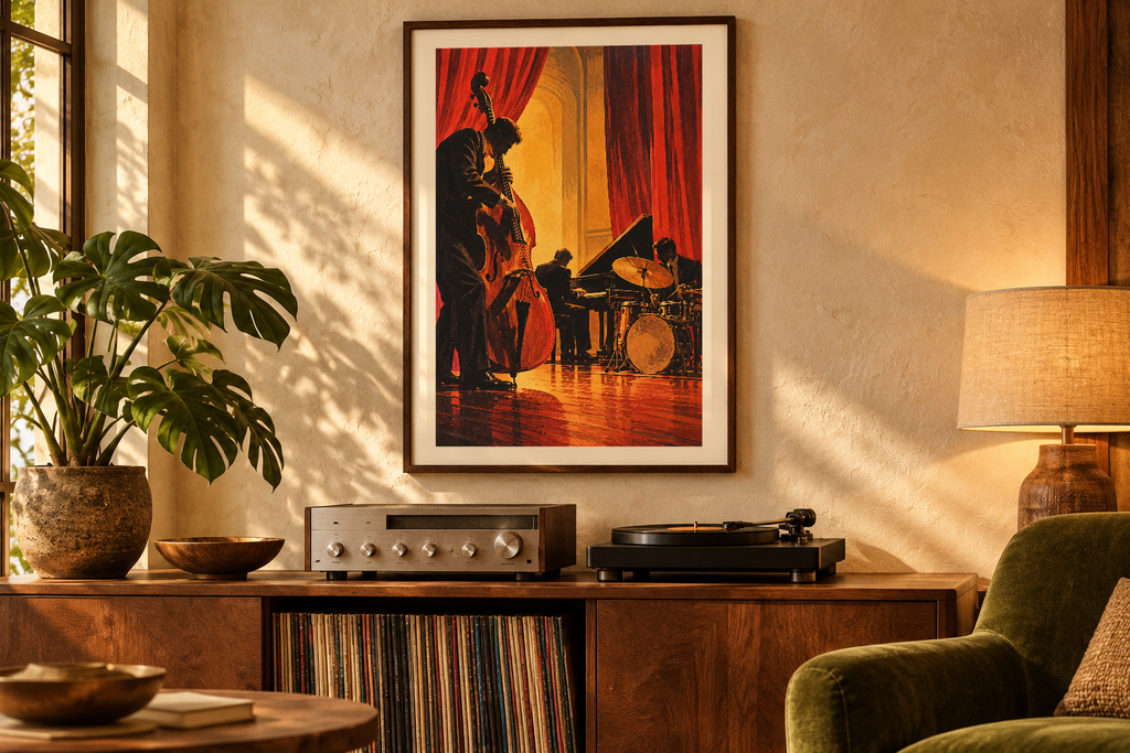 Workers Jazz Club artwork shown in a styled frame setting. Physical art print; frame and accessories not included.