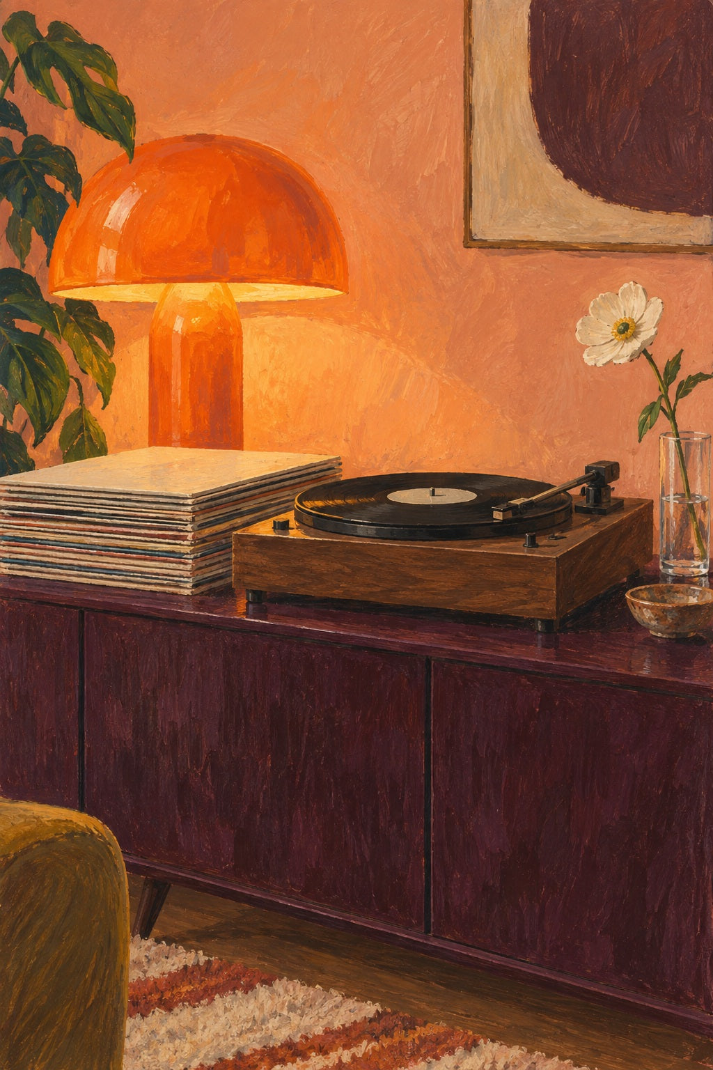 An orange mushroom lamp lights a turntable, record sleeves and a single white flower.