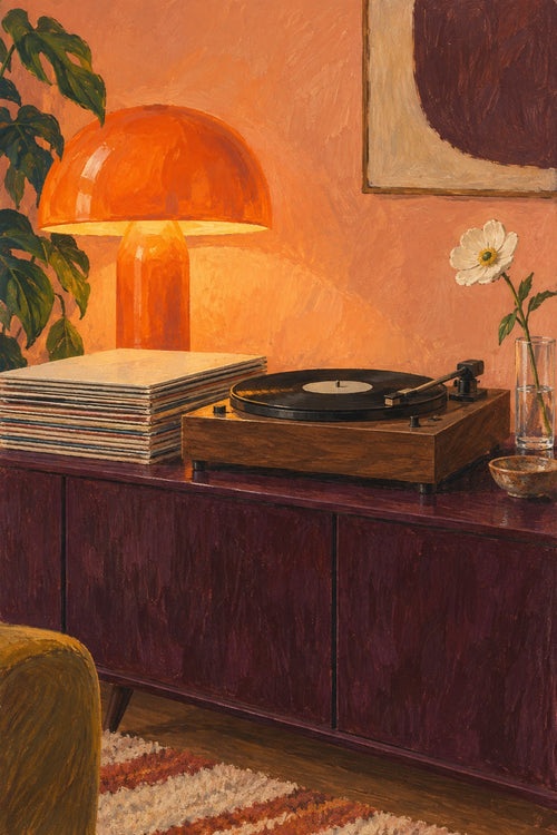 An orange mushroom lamp lights a turntable, record sleeves and a single white flower.