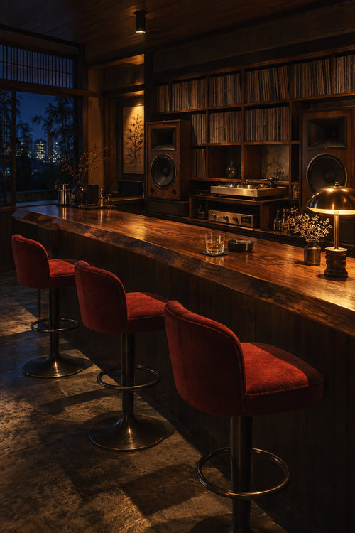 An intimate listening bar settles into amber light and indigo shadows after closing.