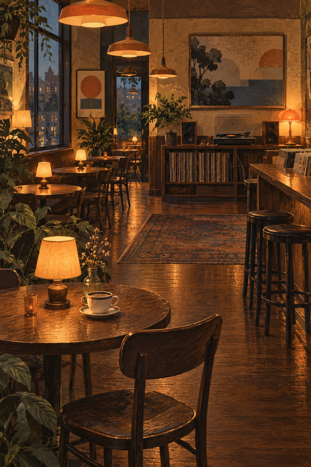 An empty music cafe with one chair tucked away, table lamps still glowing and a record player at the far end, restrained melancholy.