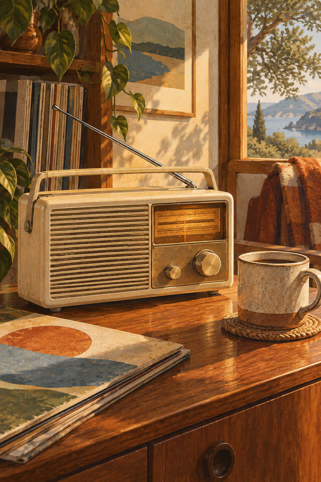 An unbranded portable seventies radio with cream casing and amber dial beside a stoneware cup, beautifully observed object study.