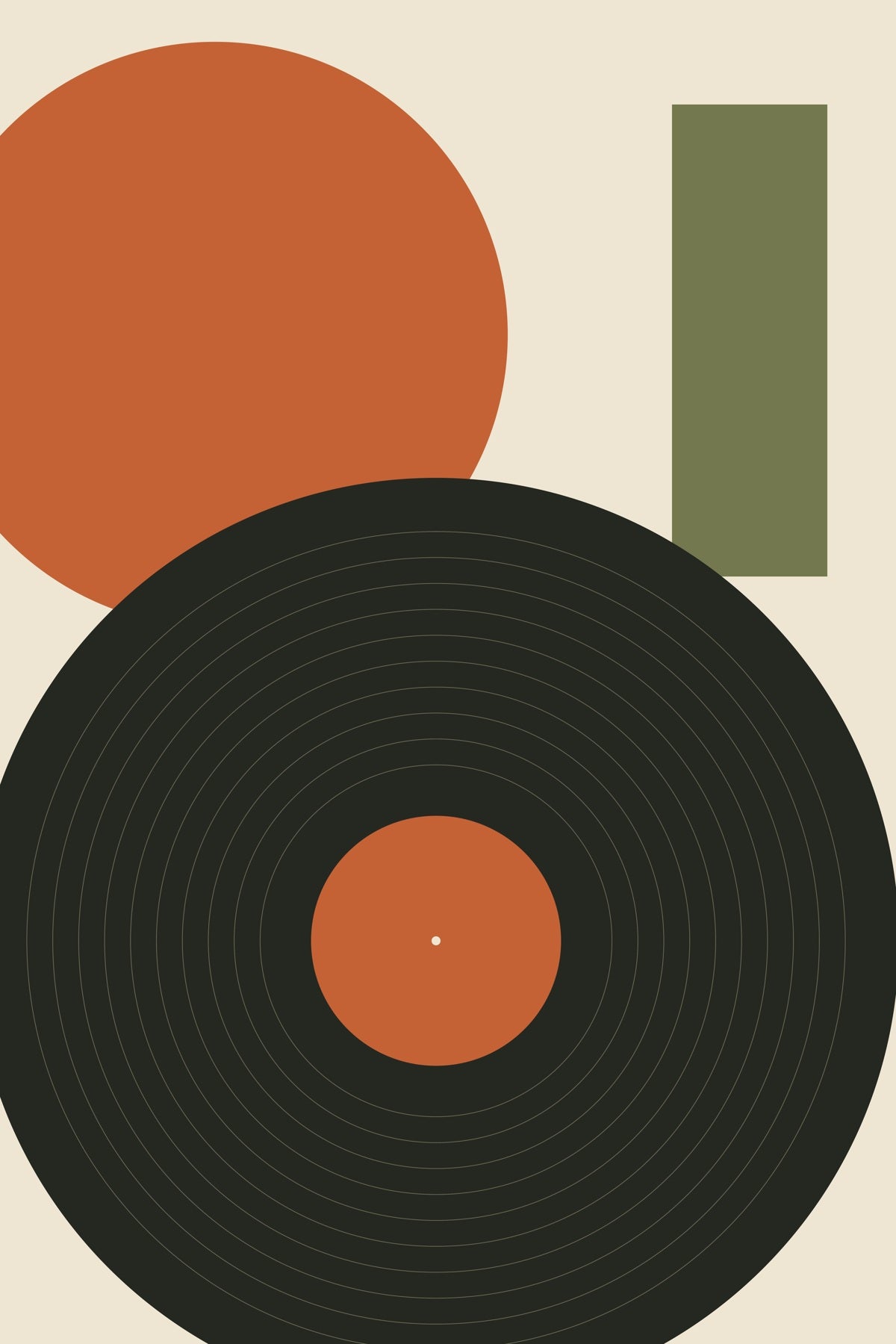 A cropped vinyl record meets an amber sun and a tall olive block.