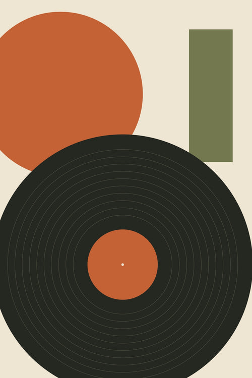A cropped vinyl record meets an amber sun and a tall olive block.
