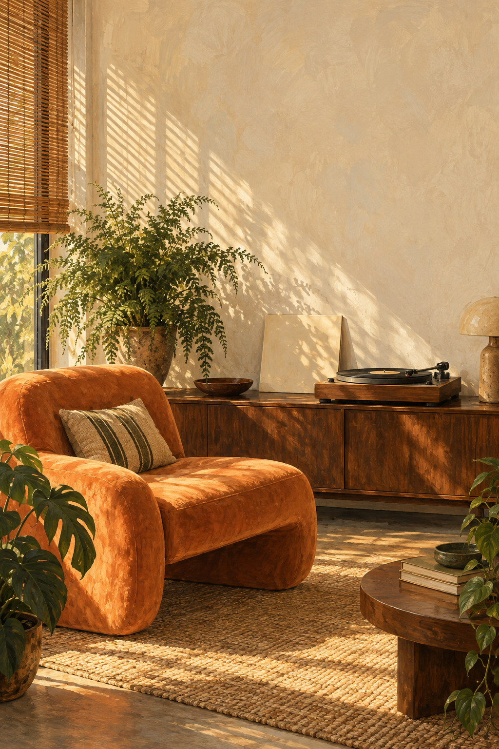An apricot lounge chair beside a walnut turntable cabinet, bamboo blinds throwing striped afternoon light, a fern.