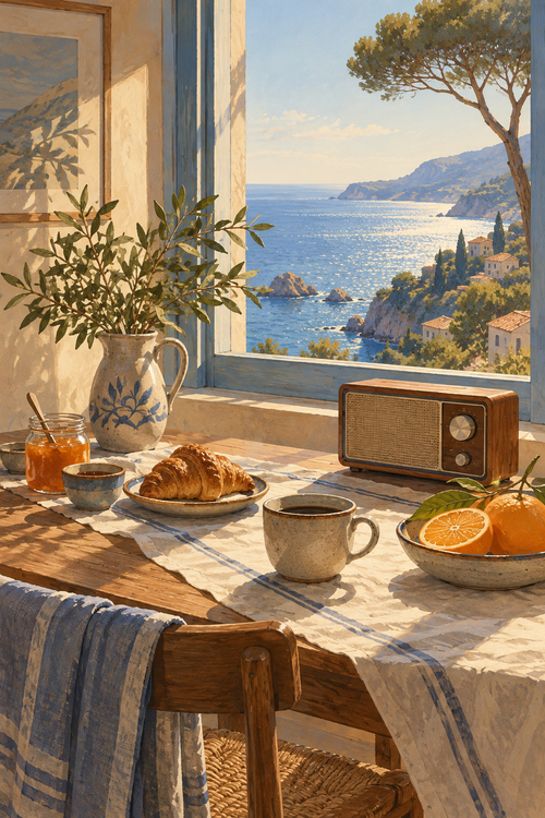 A breakfast table beside a sea-view window, citrus, a stoneware cup and a compact radio, soft blue and golden cream.