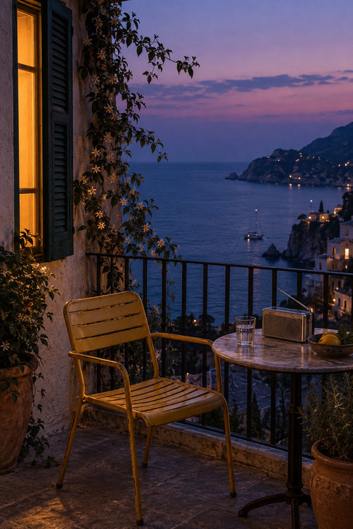 A mustard chair and portable radio wait on a balcony above the sea at blue hour.