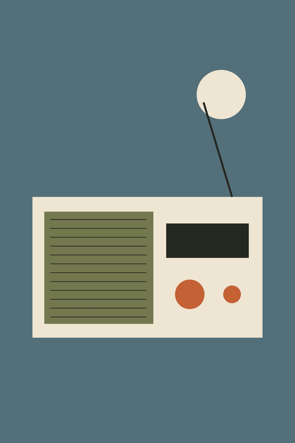 A cream radio with orange dials and a long aerial sits beneath a pale moon on blue.