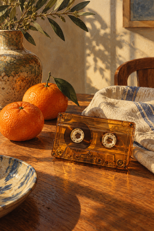 A translucent amber cassette next to two clementines and a folded linen cloth, sculptural still life with convincing two-spool cassette detail.