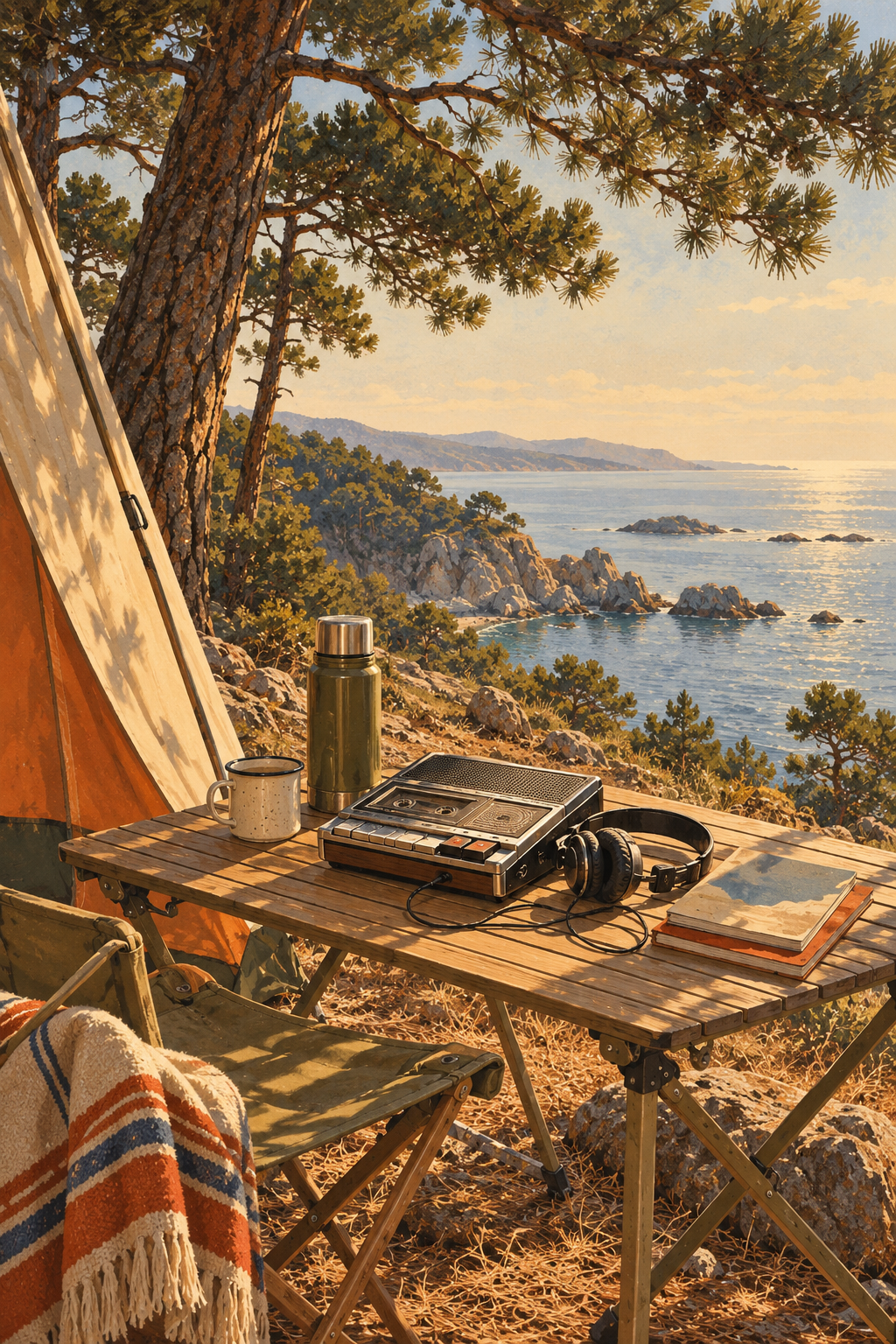 A cassette player on a folding camping table beneath coastal pines, canvas tent edge and a distant pale sea, no people.