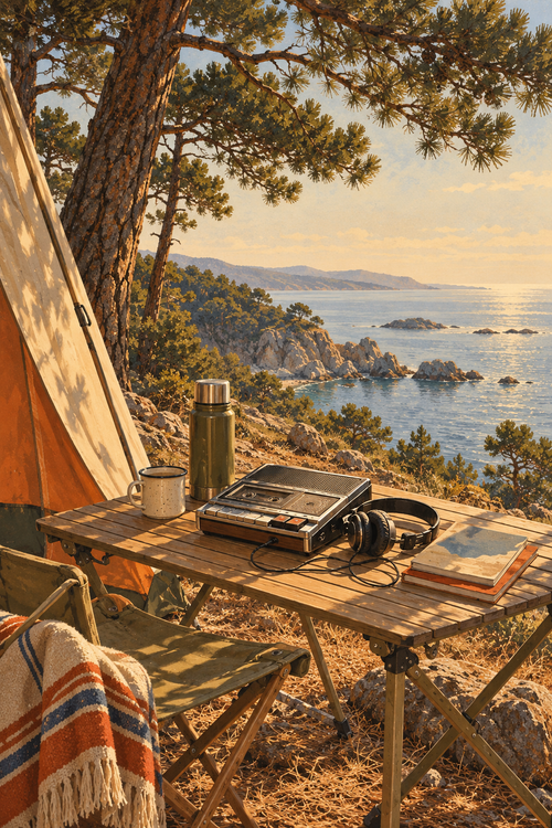 A cassette player on a folding camping table beneath coastal pines, canvas tent edge and a distant pale sea, no people.