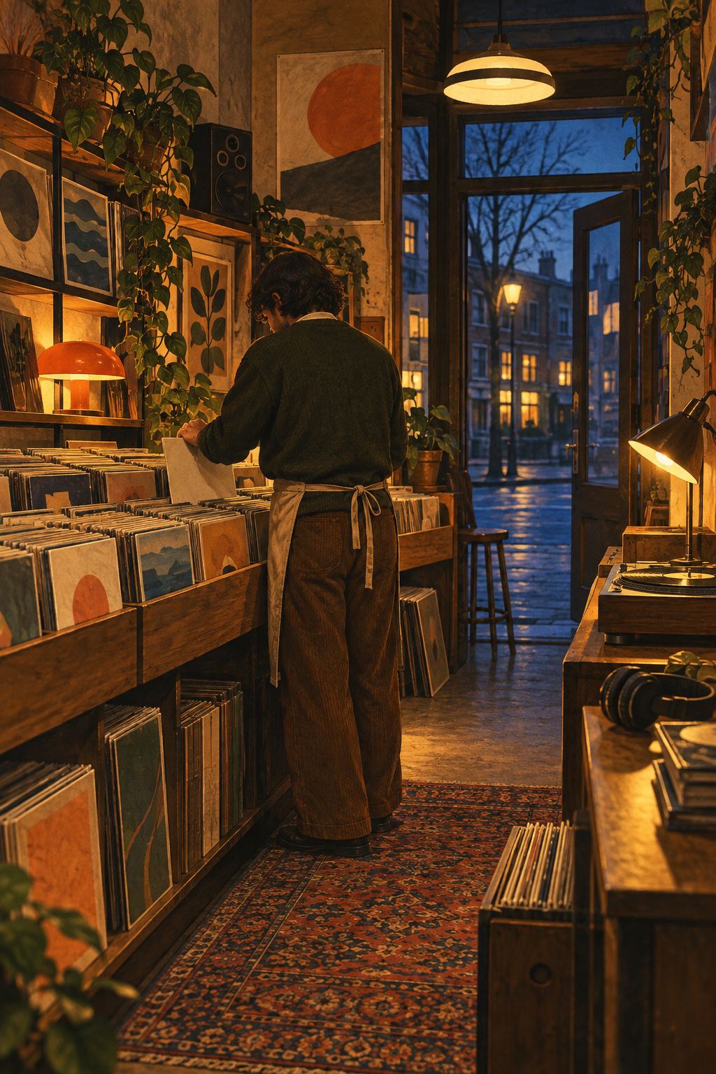 A shopkeeper seen from behind putting a plain record sleeve into a bin, dim warm record-store interior, blue twilight doorway.