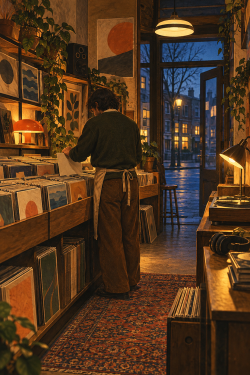 A shopkeeper seen from behind putting a plain record sleeve into a bin, dim warm record-store interior, blue twilight doorway.