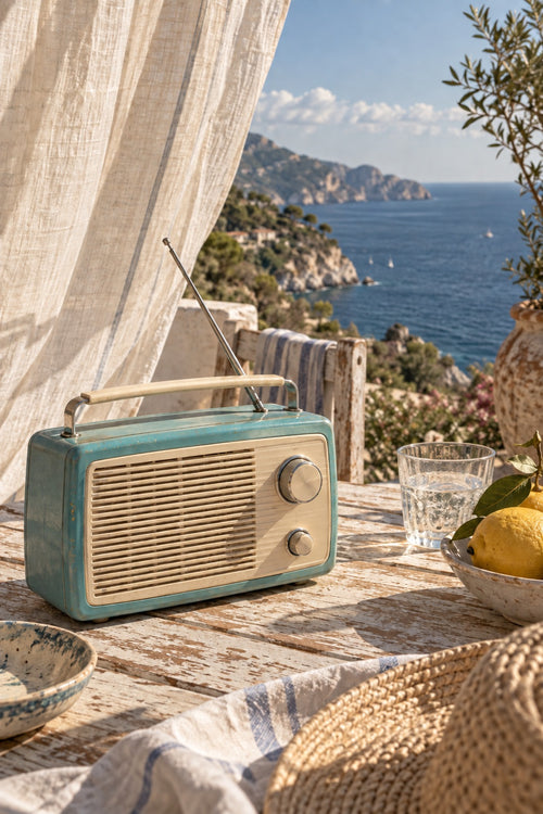 A weathered turquoise radio, linen curtain and a lemon catch the light above a blue coastal bay.