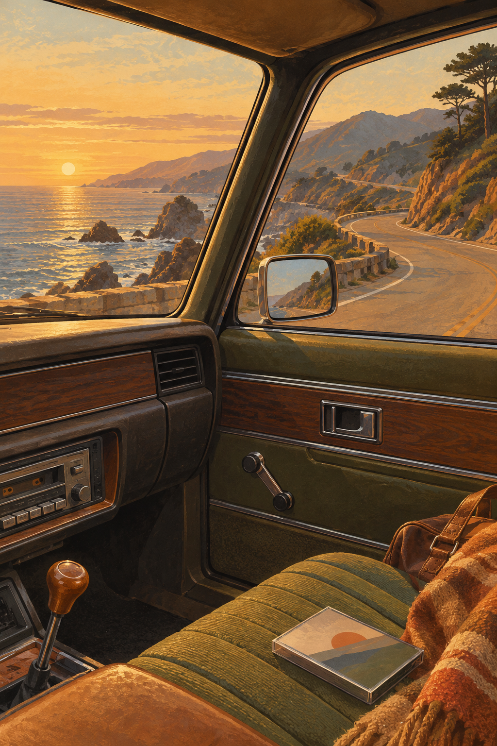 View through a vintage car's passenger window of a winding coastal road, anonymous cassette deck partly visible and unlettered tape case.