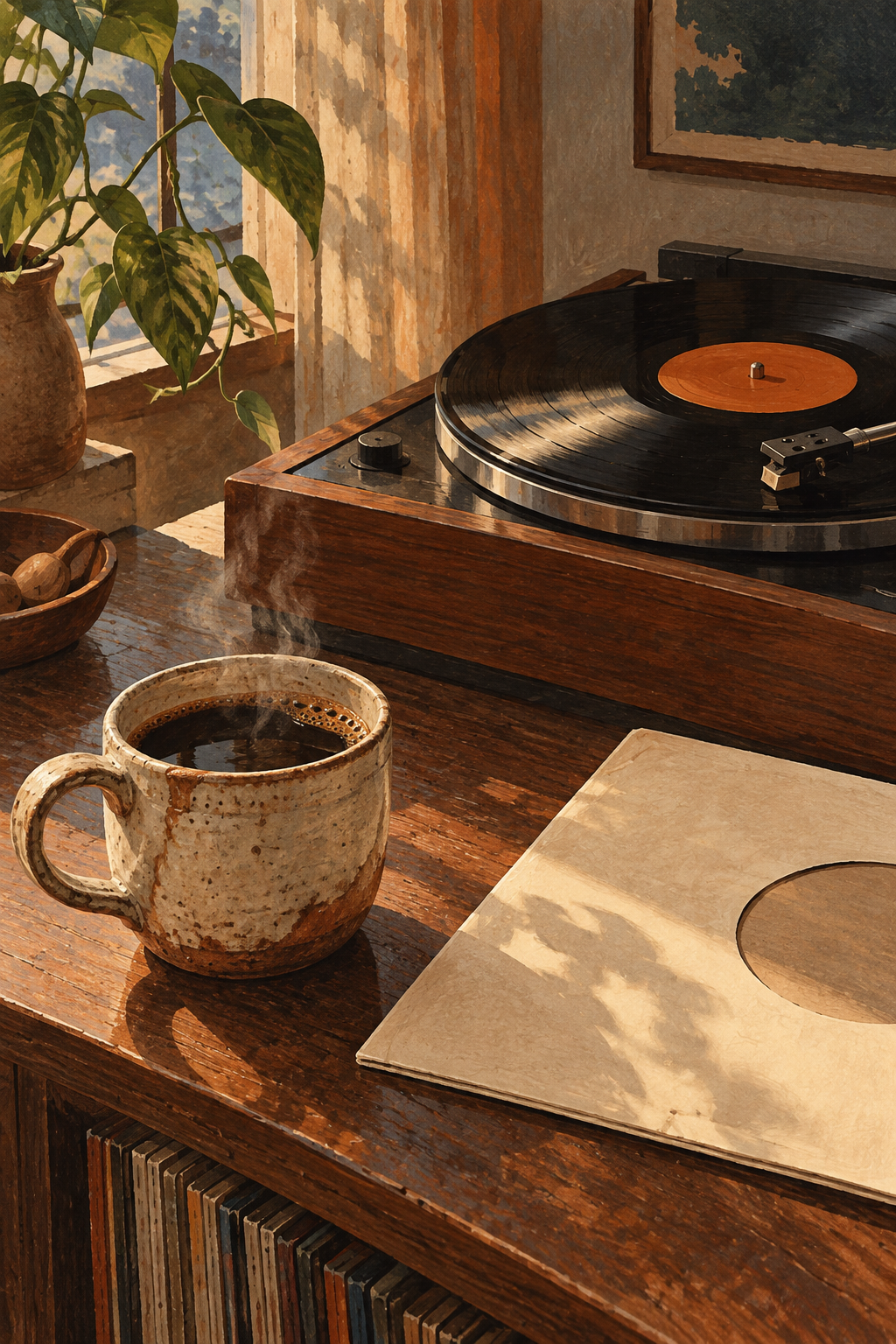 A hand-thrown coffee cup and a plain cream record sleeve beside a turning vinyl disc, intimate tabletop view, charcoal and burnt sienna.