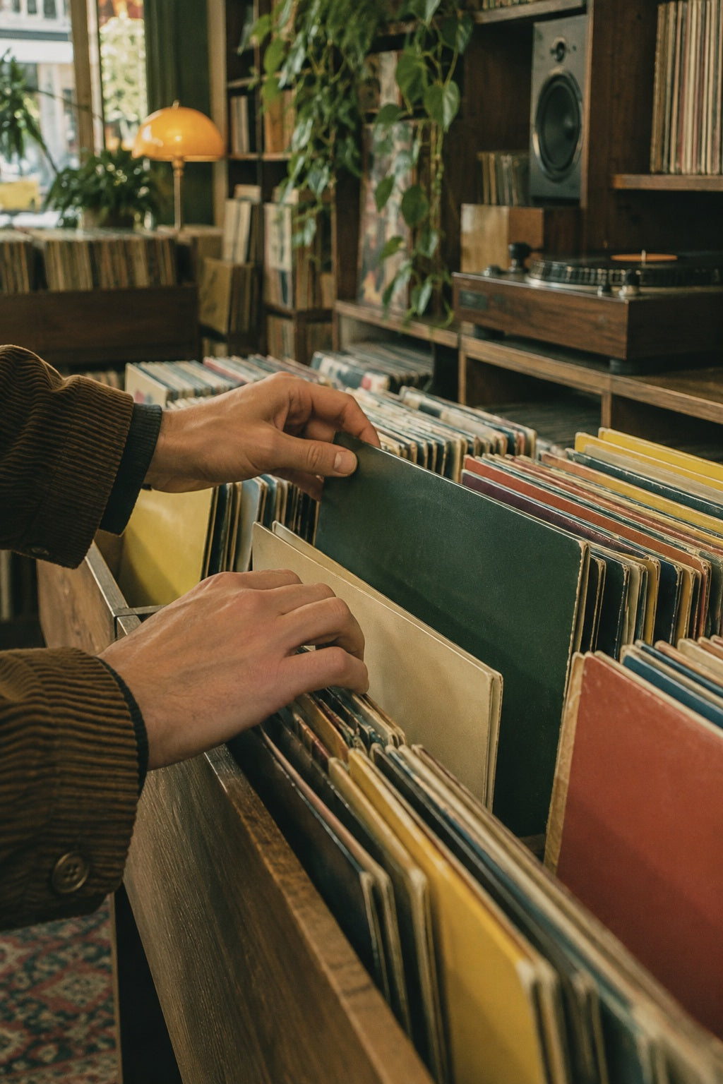 A quiet moment browsing well-loved record sleeves in a warm neighbourhood shop.