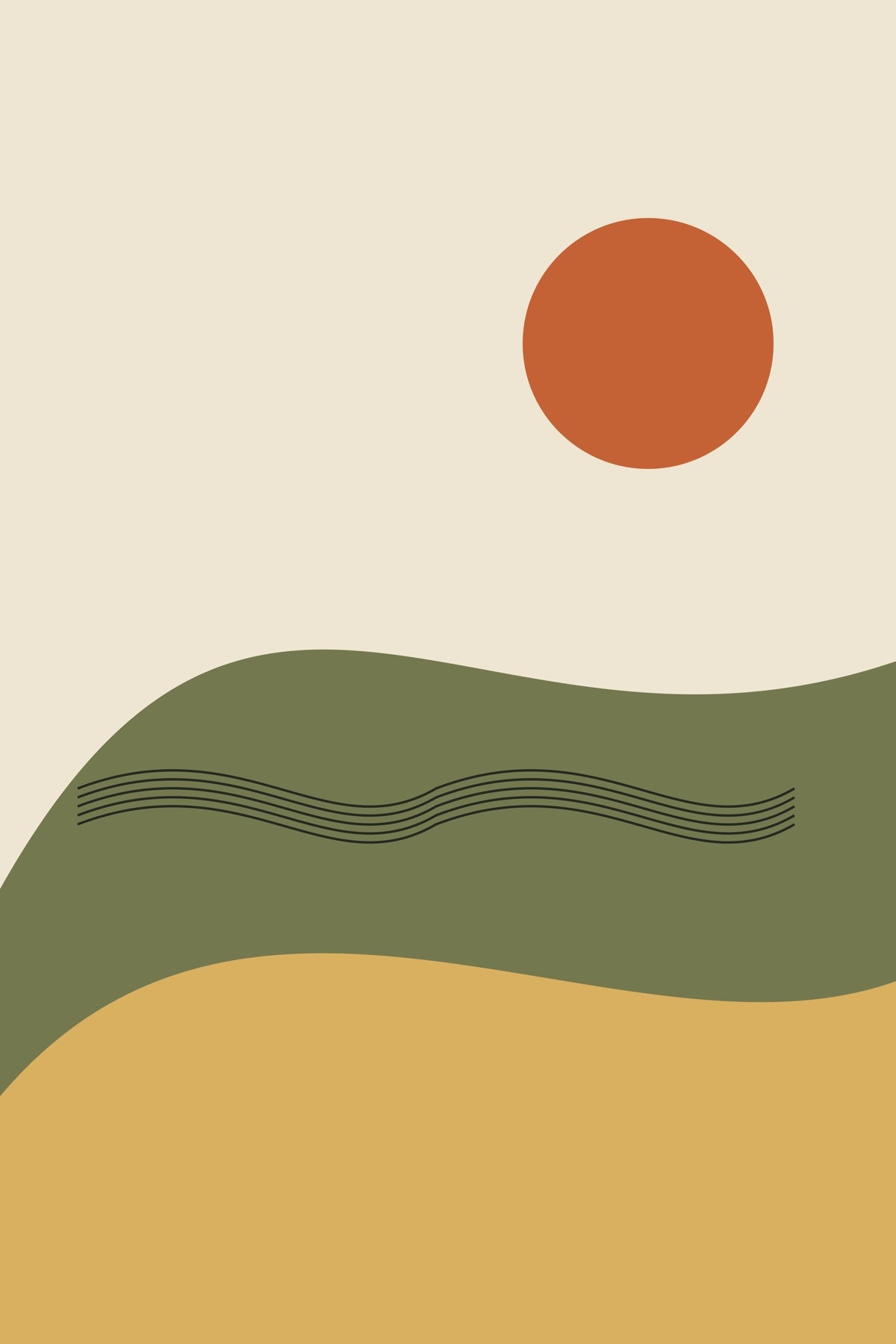 Layered olive and golden dunes carry a fine black signal beneath an orange sun.