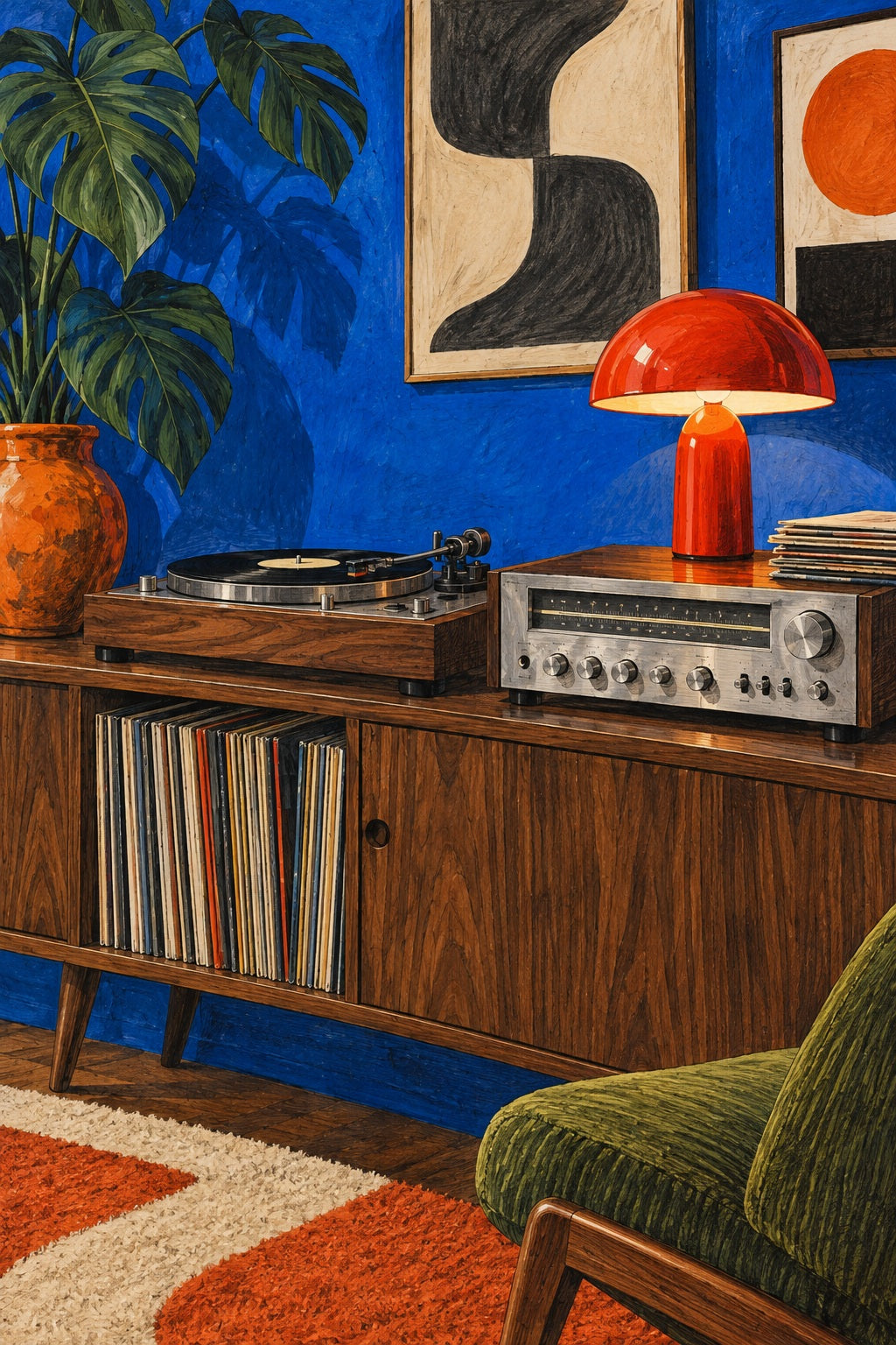 A walnut hi-fi cabinet and red mushroom lamp stand against an electric blue wall.