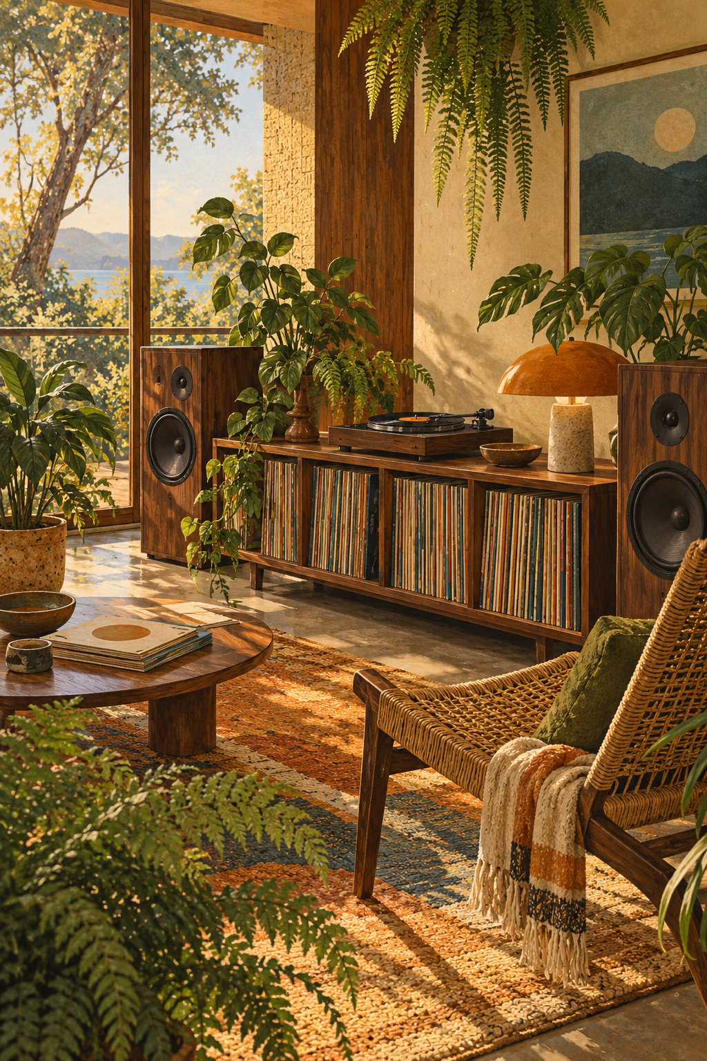 An inviting plant-filled room with walnut speakers, a low record cabinet and a woven chair, lush but carefully edited fern leaves.