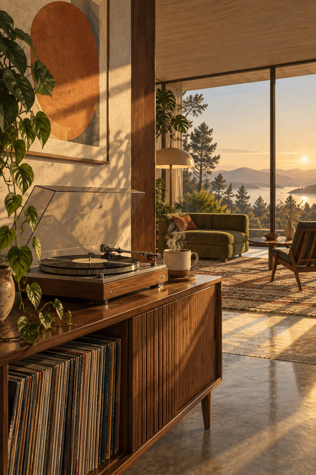 Early light crossing the grain of a walnut music cabinet, a record player and single ceramic cup, a wide calm room beyond.