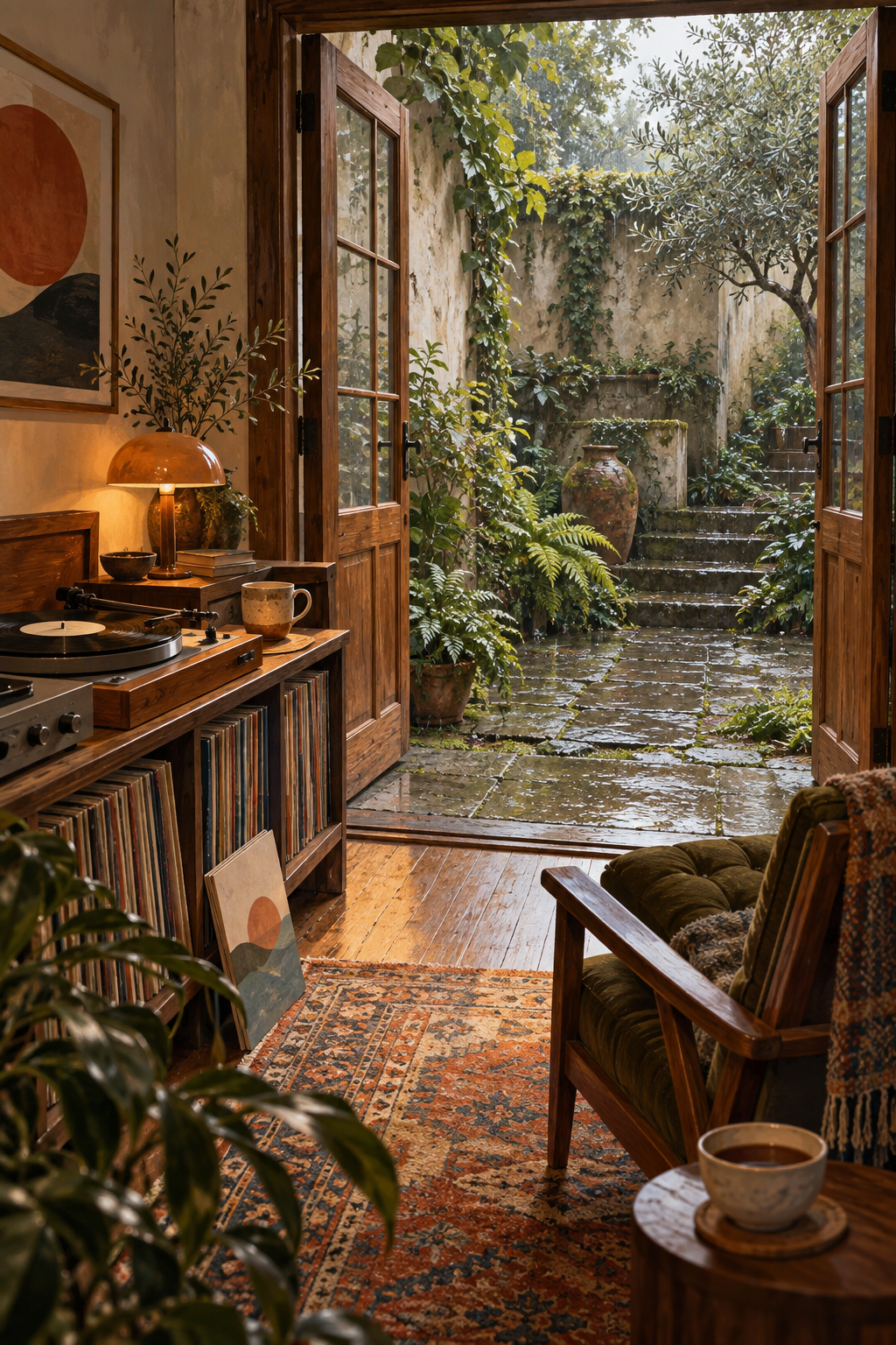 Open wooden doors from a small listening room into a mossy courtyard, record cabinet and tea cup, gentle rainlight.