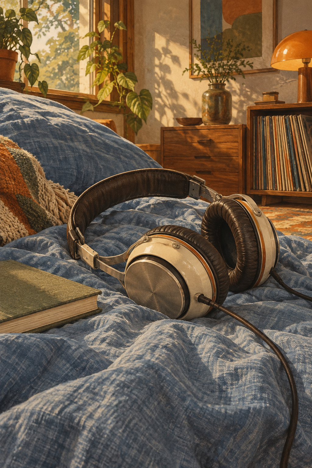Large unbranded seventies headphones resting naturally on rumpled dusty-blue linen beside a small book, close observational still life.