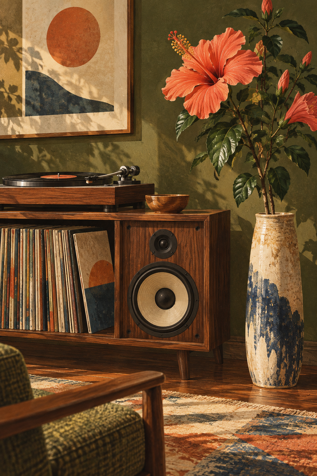 A hibiscus branch in a separate tall vase beside a wood-grain speaker and record shelf, coral flower against deep olive.