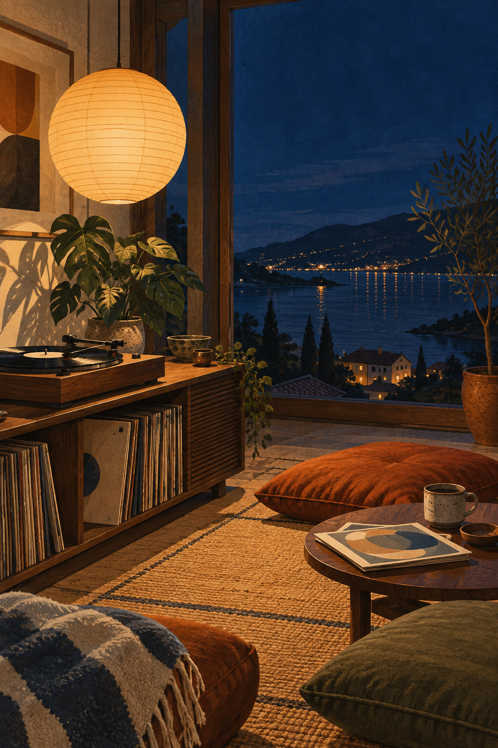 An indigo evening interior, a softly illuminated paper lamp, walnut turntable and floor cushions, uncluttered thoughtful composition.