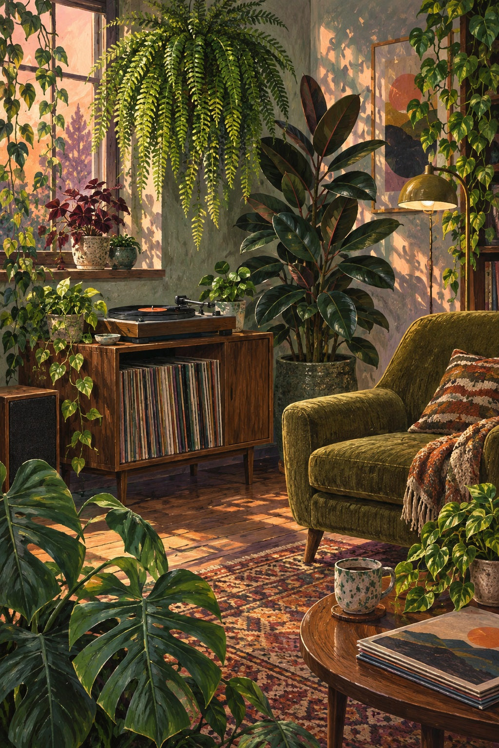 Lush leaves surround an olive armchair and a small record cabinet.