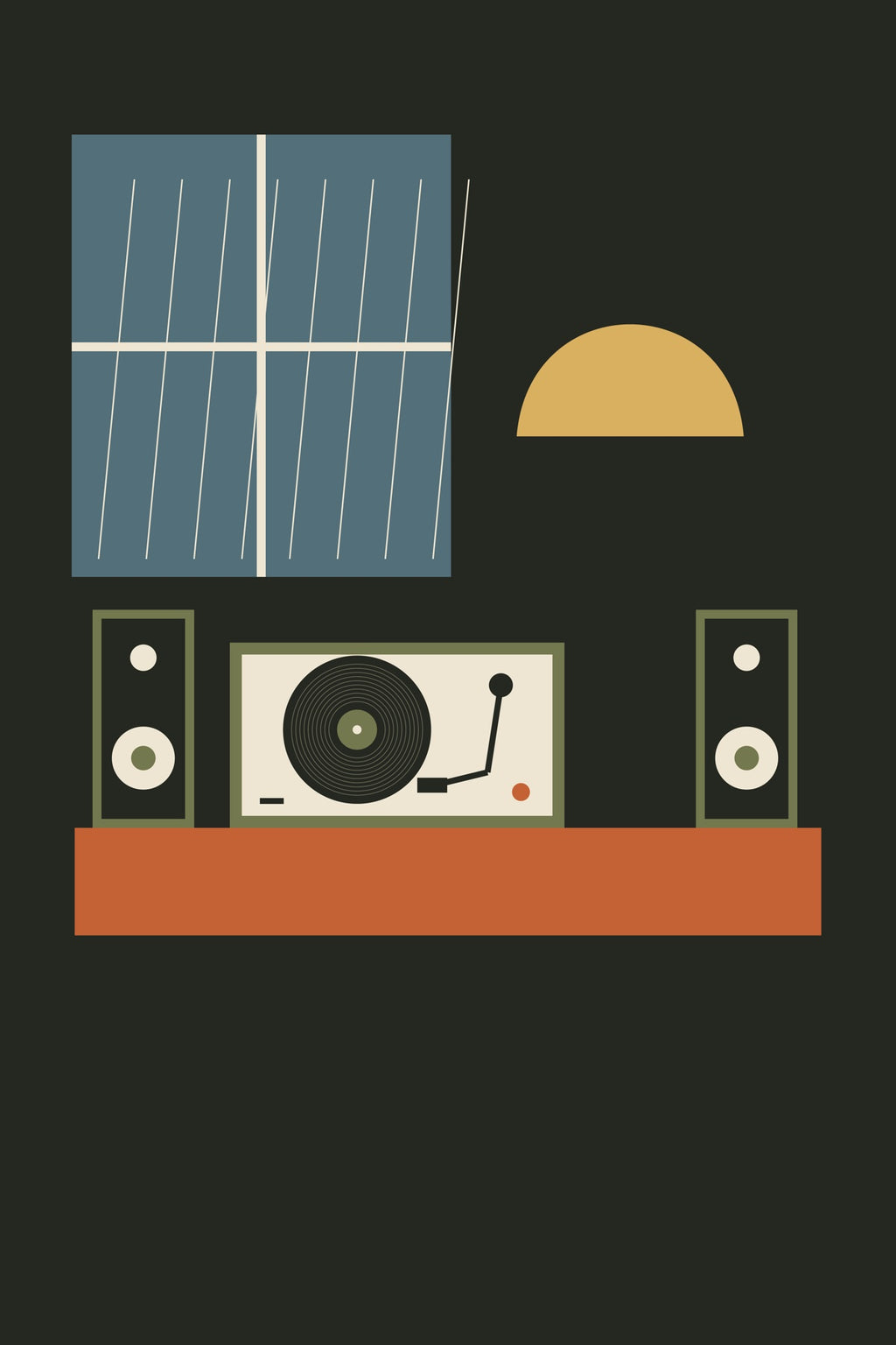Rain lines, a blue window and warm hi-fi shapes suggest a quiet evening listening room.