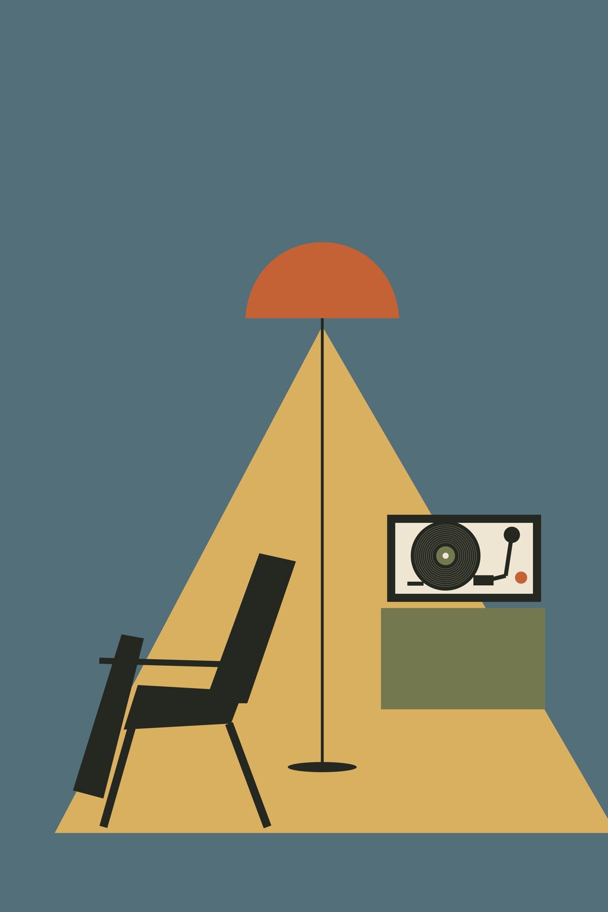 A solitary chair and turntable occupy a triangular pool of lamplight.