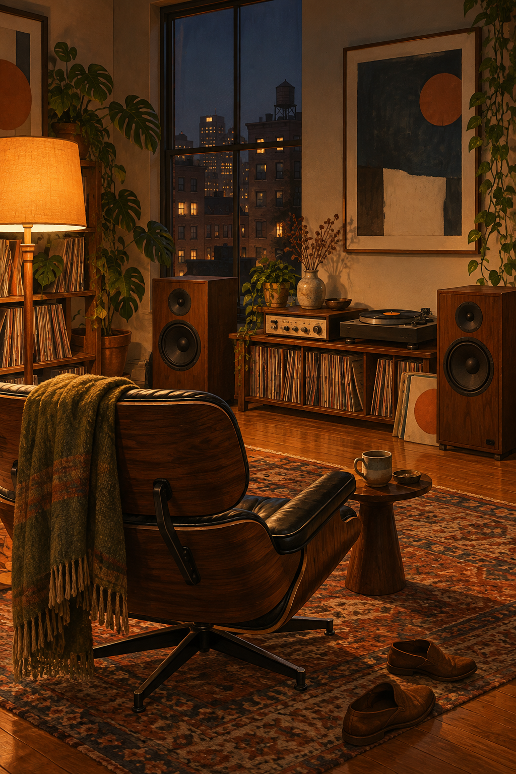 A small apartment at night with a lit amber floor lamp, discarded shoes and an inviting listening chair facing two speakers.