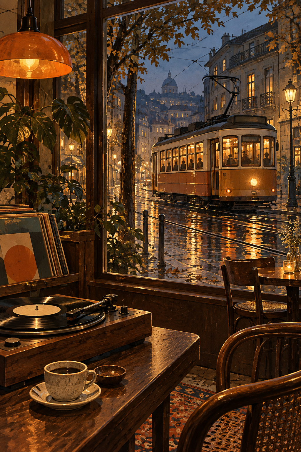 View from a warmly lit listening cafe towards a passing anonymous vintage tram, reflections on rain-wet street, no visible lettering.