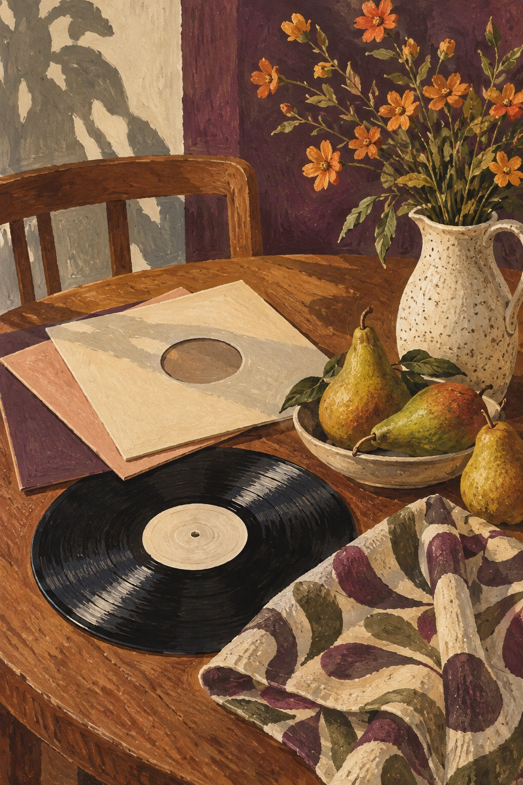 Pears, flowers, plain record sleeves and patterned cloth meet in a richly coloured still life.