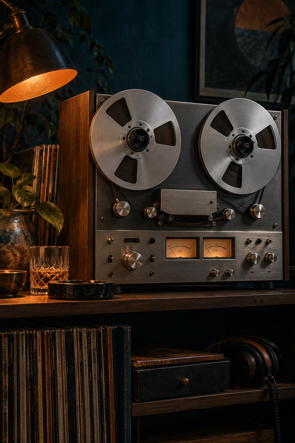 Two silver tape reels catch the glow of a studio lamp in a dark listening room.