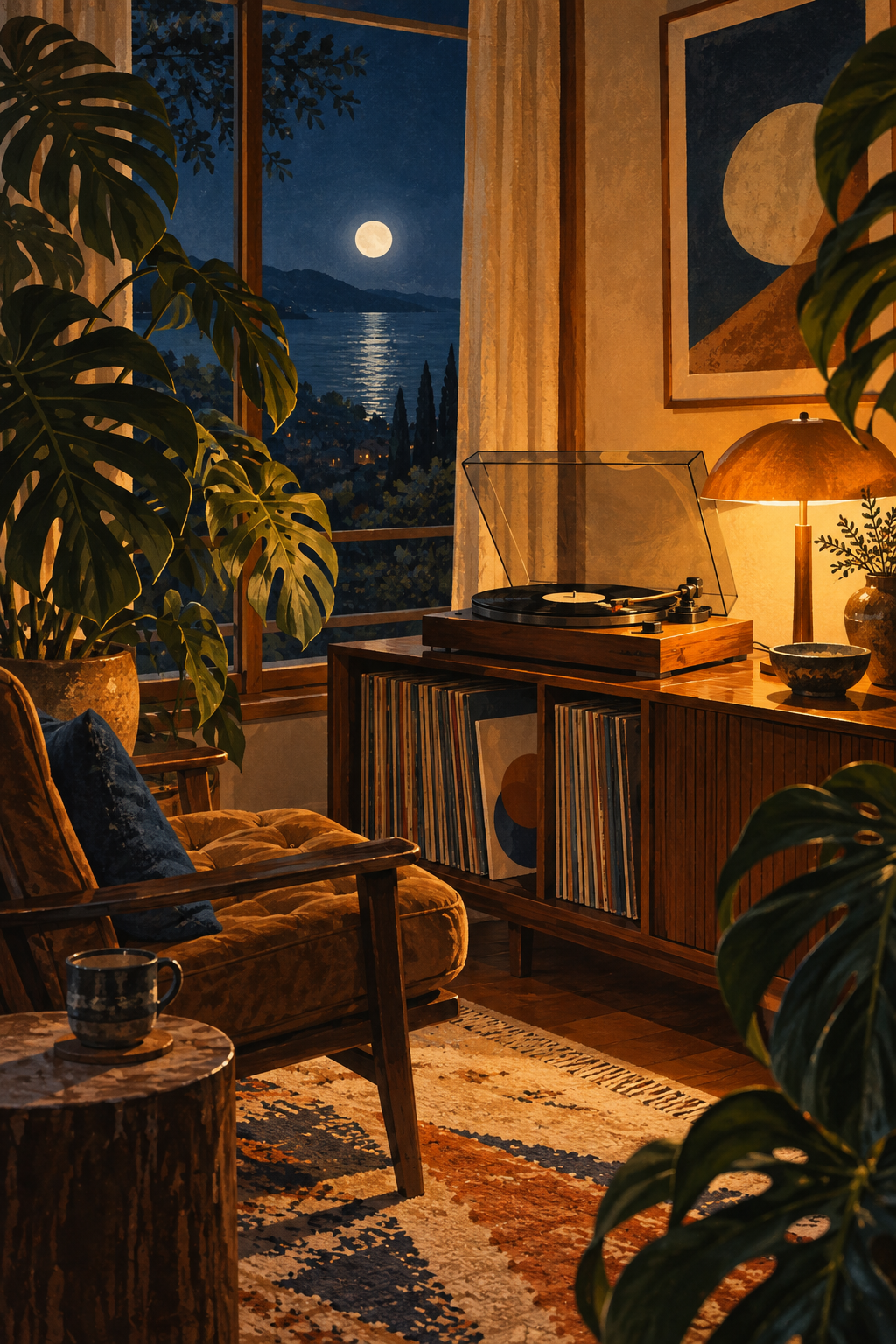 Moonlight and lamplight in a music room, large monstera leaves framing a quiet generic turntable, navy and amber.