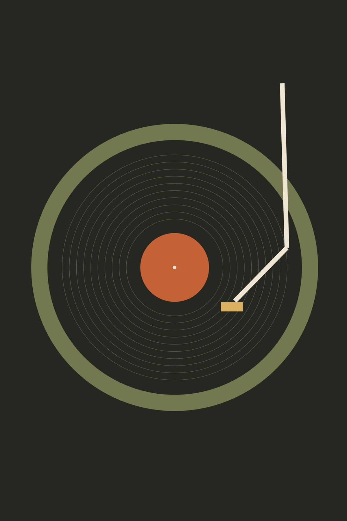 An ivory tonearm traces a quiet diagonal across a dark record and olive halo.