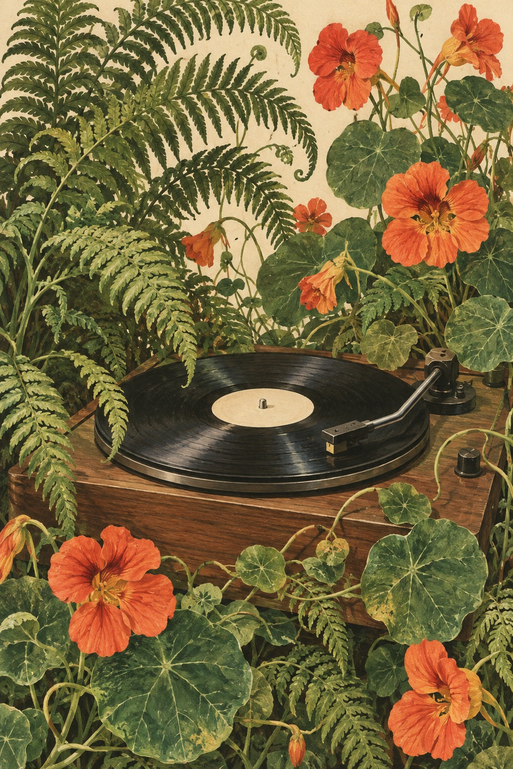 Fern fronds and bright flowers curl around a record player in an imagined botanical still life.
