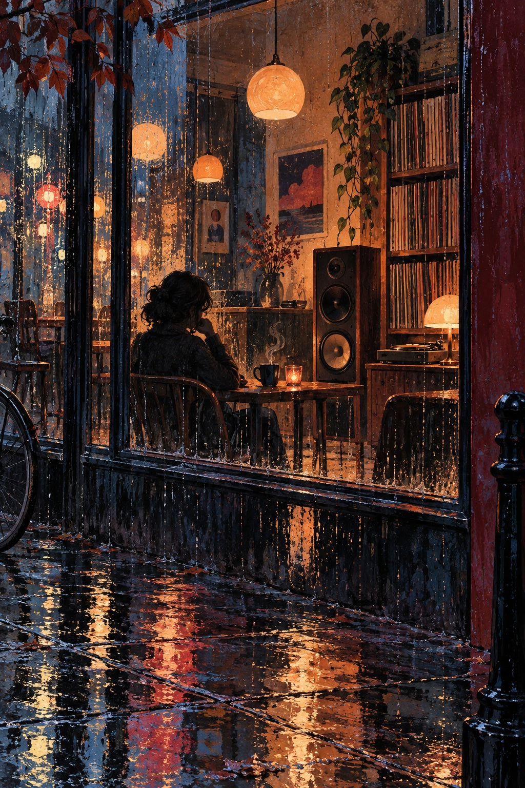 A glowing listening-cafe window shines through a rainy blue night.