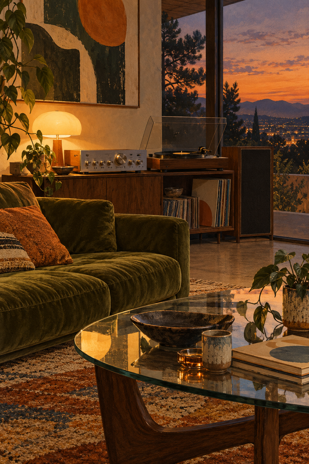 An olive velvet sofa viewed across a low glass table, a softly lit generic silver amplifier and record player, dusk outside.