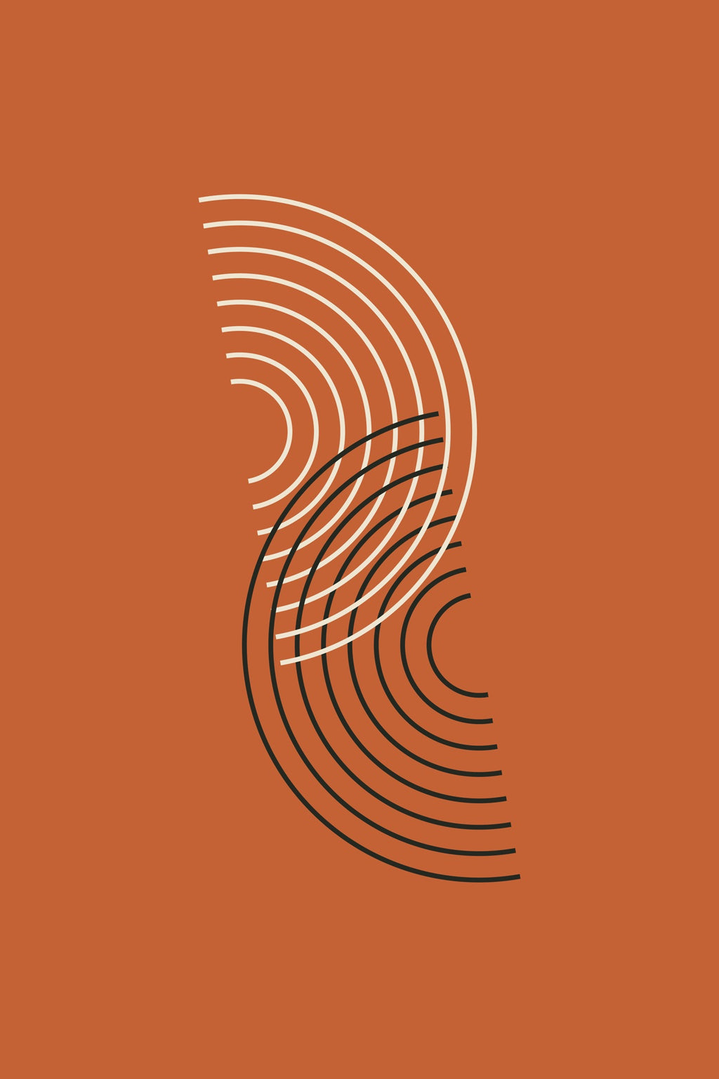 Two sets of offset curves move through one another on an orange field.